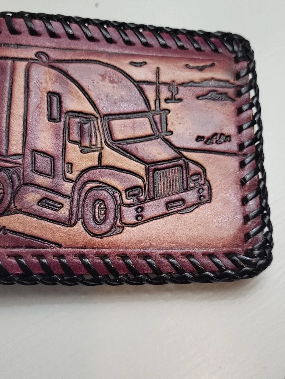 Hand-Tooled Trucker Leather Money Clip Wallet - Brown/Maroon